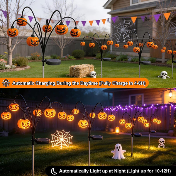 Halloween Solar Lights Outdoor, 2 Pack Waterproof Pumpkin Stake Lights3