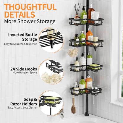 Corner Shower Caddy Tension Pole, 2-Steps Install Bathroom Organizer3