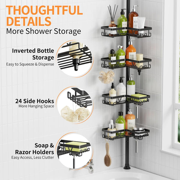 Corner Shower Caddy Tension Pole, 2-Steps Install Bathroom Organizer3