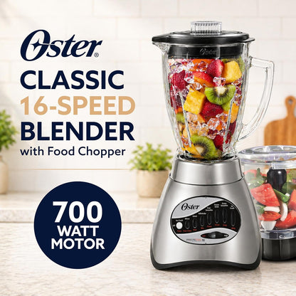 Oster Classic Series 16-Speed Blender with Food Chopper & 6-Cup Glass Jar, Countertop Kitchen Blender, Brushed Nickel2