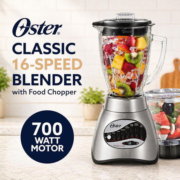 Oster Classic Series 16-Speed Blender with Food Chopper & 6-Cup Glass Jar, Countertop Kitchen Blender, Brushed Nickel2