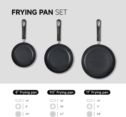 Frying Pan 3-Piece Set, Nonstick Skillet Set for Induction Cooktop, Frying Pan Nonstick 8 Inch+9.5 Inch +11 Inch (Black)2