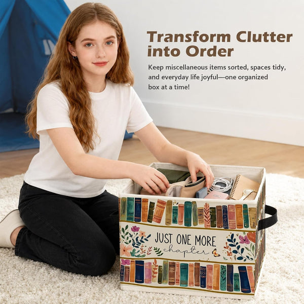 Floral Bookish Storage Box Bins, Book Lover Reader Gifts, Just One More Chapter Collapsible Storage Basket Organizer for Reading Room Corner Home Library Clothes Books6