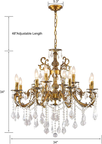 Vintage 8 Arms Crystal Chandelier Candle Light Fixture for Dining Room Living Room Bedroom Hallway Entryway Antique Gold Finish (34"-12 Lights)2