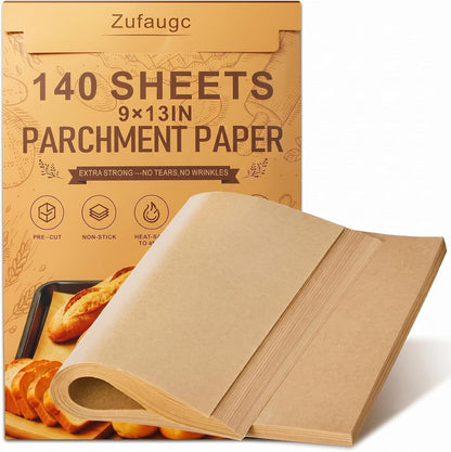 140 Pcs Parchment Paper Sheets 9X13 In, Precut Parchment Paper for Baking | Non-Stick Unbleached Baking Paper Sheets for Air Fryer, Oven, Microwave. Heavy-Duty, Food-Grade, Oil-Proof, Natural Brown1