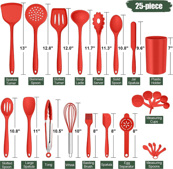 Silicone Cooking Utensils Set, 25 Piece Kitchen Utensils with Holder, Non Toxic Kitchen Tools Spatula, Turner, Spoon, Ladle for Nonstick Cookware, Heat Resistant & Dishwasher Safe - Red2