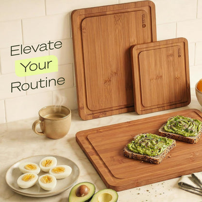 Wooden Cutting Boards for Kitchen Meal Prep & Serving - Bamboo Non Toxic Cutting Board Set with Deep Juice Groove Side Handles - Charcuterie & Chopping Butcher Block for Meat (3 Pcs)8