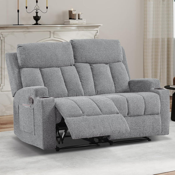 Manual Recliner Sofa Set, Soft Fabric Reclining Loveseat with Side Pockets and Cup Holders, 2 Seat Reclining Couch for Living Room, Office, Light Grey8
