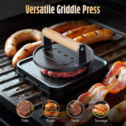 Smash Burger Press, Pre-Seasoned Cast Iron Meat Press Tool, 2 Lb | Rustproof, Pre-Seasoned, Flat Bottom, Wooden Handle, Dishwasher Safe, No Stick, Easy to Clean, 6.6'' Wide, Weighs 2 Pounds6