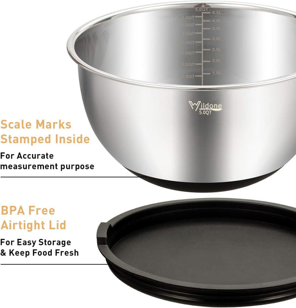 Mixing Bowls with Airtight Lids Set, 5PCS Stainless Steel Nesting Bowls for Kitchen, with Grater Attachments & Non-Slip Bottoms, Size 5, 3, 2, 1.5, 0.63 QT, Great for Mixing & Serving2