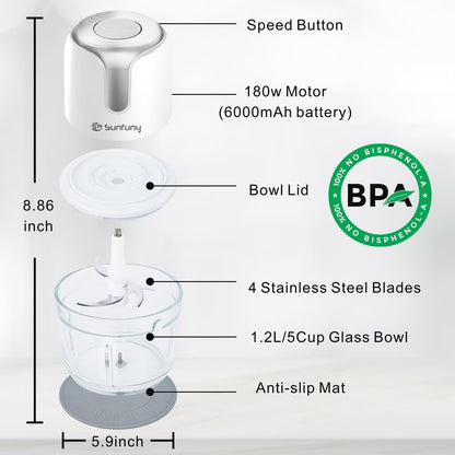 Food Processor Cordless, 6000Mah Wireless Garlic Chopper, 5-Cup Glass Bowl | USB-C Rechargeable Battery, 4 Blade, SUNFUNY Electric Vegetable Chopper, Portable Meat Blender Mixer, Small Kitchen Appliance7