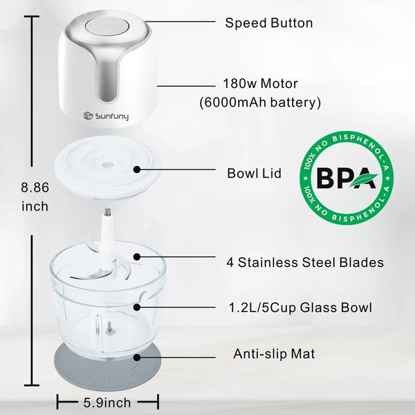 Food Processor Cordless, 6000Mah Wireless Garlic Chopper, 5-Cup Glass Bowl | USB-C Rechargeable Battery, 4 Blade, SUNFUNY Electric Vegetable Chopper, Portable Meat Blender Mixer, Small Kitchen Appliance7