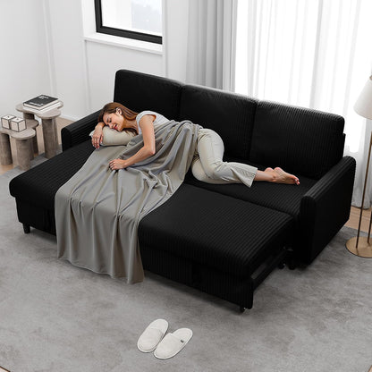 77 Inch Sectional Sleeper Sofa with Pull Out Bed, Modern L-Shaped Corduroy Convertible Couch with Storage Chaise, Reversible Sofa Bed for Small Spaces, Apartment, Black5