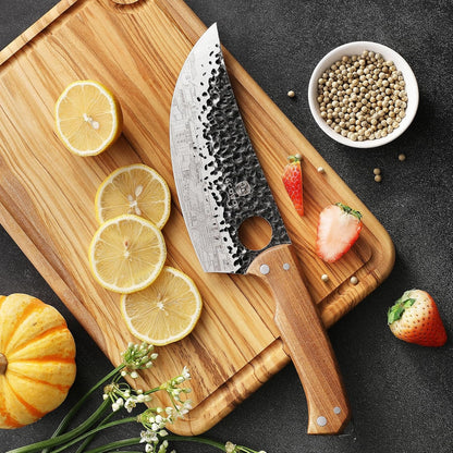 3PCS Butcher Knife Set, Includes 7" Butcher Meat Cleaver, 7" Serbian Chef and 6.5" Viking Knife, Stainless Steel Kitchen Knife Set with Wood Handle, Geat for Indoor&Outdoor (Stylish Pattern)5