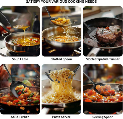 304 Stainless Steel Cooking Utensils,6 Pcs Kitchen Cooking Utensils Set with Spatula, Solid Spoon, Ladle, Skimmer, Spaghetti Spoon,Dishwasher Safe(Black)4
