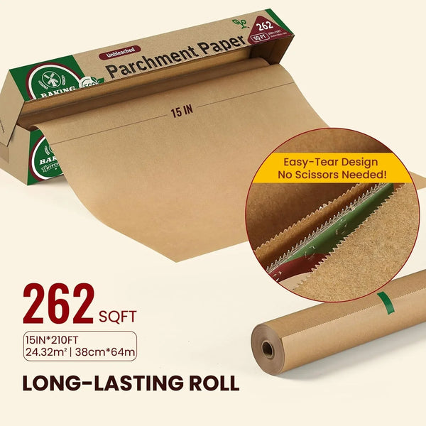 Unbleached 15In X 210Ft Parchment Paper Roll for Baking- 262 Sq.Ft with Built-In Metal Cutter, Non-Stick & 450°F Safe for Baking,Cooking, Air Fryer, Grilling, Meal Prep4