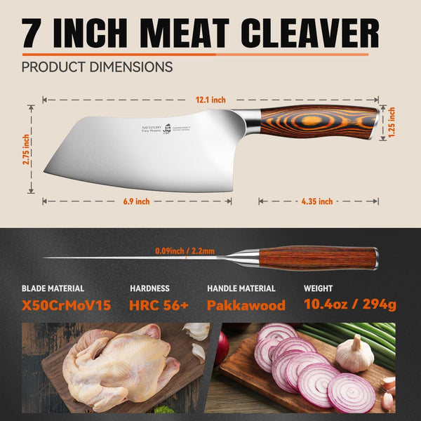 Vegetable Cleaver Knife, Chinese Chef Knife 7 Inch Meat Cleaver with Pakkawood Handle, Stainless Steel Butcher Chopper for Home Kitchen - Fiery Phoenix Series3