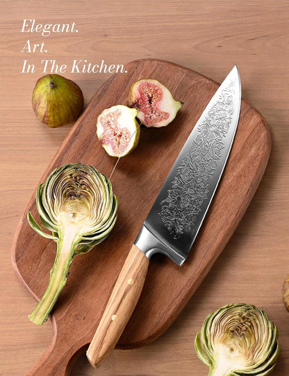 Chef Kitchen Knife 8", Embossed Botanical Blade, Olive Wood Handle2