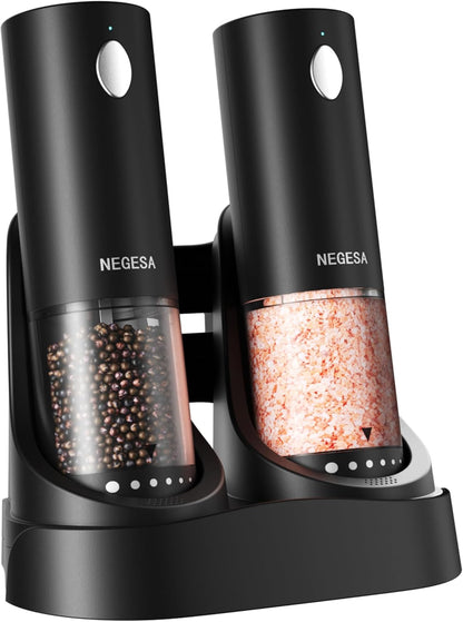 Electric Salt and Pepper Grinder Set with Rechargeable Base - Automatic Refillable Electric Salt and Pepper Shakers with Large Capacity, LED Light & Adjustable Coarseness, Black1