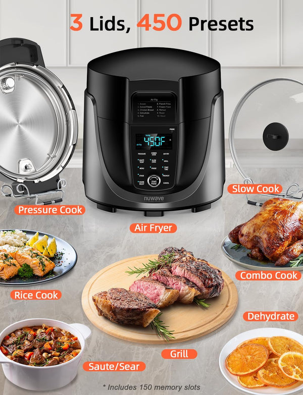 Duet Electric Pressure Cooker & Air Fryer Combo W/Probe, 450-In-1 | Slow Cooker & Grill, Integrated Digital Temp Probe, 6Qt SS Pot, Adjustable High/Low Pressure, Built-In Sure-Lock Safety Tech2