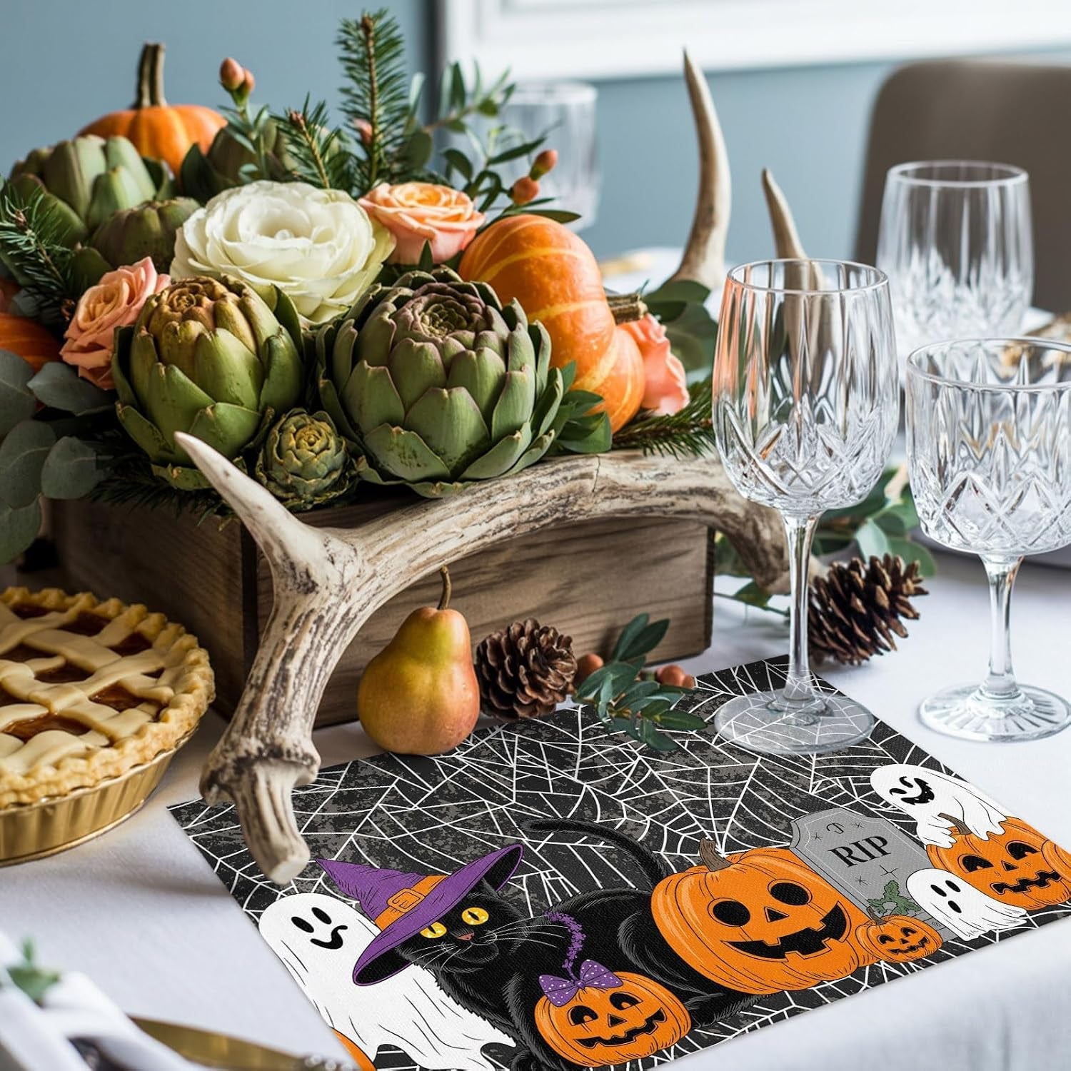 halloween-pumpkin-placemats-set-of-4-ghost-black-cat-cotton-linen-heat-proof-washable-placemat-for-holiday-banquet-kitchen-table-decor-spiderweb-black-white-table-mat-13x19inch