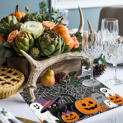 Halloween Pumpkin Placemats Set of 4,Ghost Black Cat Cotton Linen Heat-Proof Washable Placemat for Holiday Banquet Kitchen Table Decor,Spiderweb Black White Table Mat 13X19Inch4