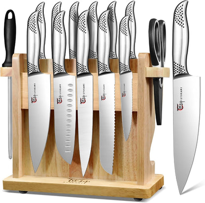 Japanese Knives Set for Kitchen, Magnetic Knife Set with Block and Sharpener, Stainless Steel Knife Set as Gift for Couple, Wedding, Women or Mom with Gift Box, 14 PCS Black Dot1