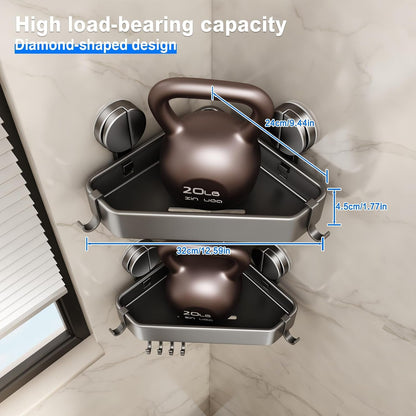 Suction Cup Shower Caddy Corner, 2 Pack Suction Corner Shower Shelves No Drilling, Rustproof Shower Organizer Suction Cup with Towel Holder & Hooks Removable Bathroom Storage Rack(Gray)2