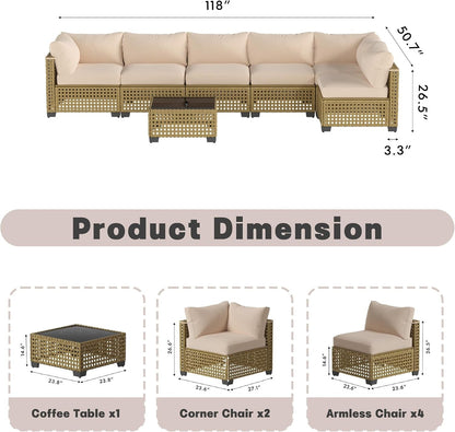 Patio Furniture Set, 7-Piece Outdoor Sectional Couch with Coffee Table & Thick Cushions, Outdoor Wicker Conversation Set for Backyard, Poolside, Garden (Yellow-White, 7 Piece-Single)2