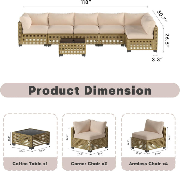 Patio Furniture Set, 7-Piece Outdoor Sectional Couch with Coffee Table & Thick Cushions, Outdoor Wicker Conversation Set for Backyard, Poolside, Garden (Yellow-White, 7 Piece-Single)2