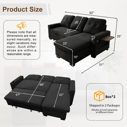 82" L Shaped Sleeper Sofa Bed, Pull Out Sectional Couch with Storage Chaise/Reclining Backrest, Sectional Couches for Living Room with USB Port, Foldable Table, Cup Holder, Side Pocket, Black2