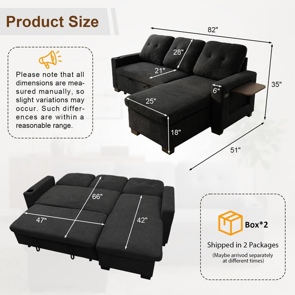 82" L Shaped Sleeper Sofa Bed, Pull Out Sectional Couch with Storage Chaise/Reclining Backrest, Sectional Couches for Living Room with USB Port, Foldable Table, Cup Holder, Side Pocket, Black2