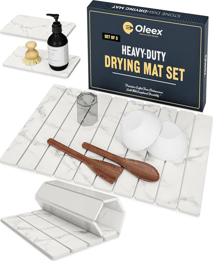 Oleex 3-Pack Stone Dish Drying Mat Set Includes 1 Large 24”X16” & 2 Small 4”X9” for Kitchen Counter-Collapsible Diatomaceous Earth Pad Absorbs Water & Dries Dishes Fast, Non-Slip, Odor-Resistant Mats1