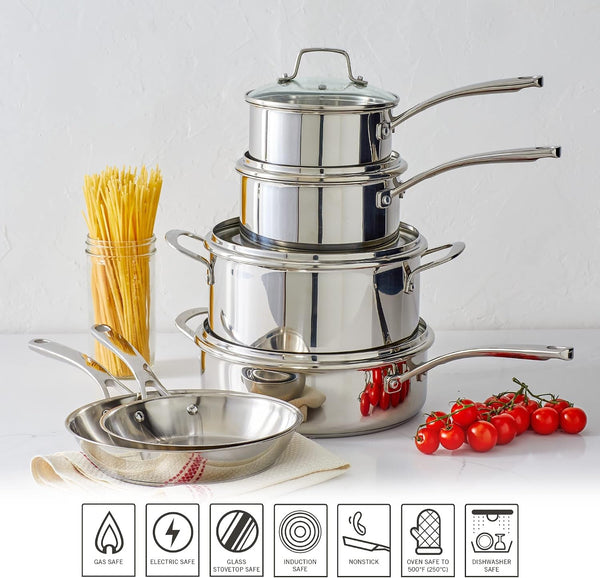 Castelle 10 Piece 18/8 Durable Stainless Steel Induction Safe Non-Toxic Triply Bottom Kitchen Pots and Pans Cookware Set - Dishwasher Safe7