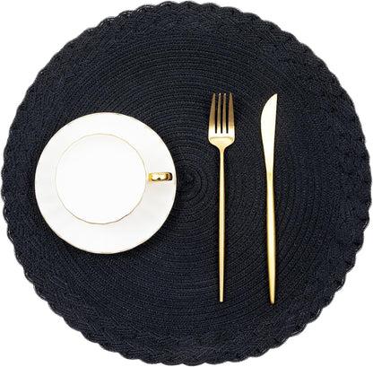 round Placemats Set of 4 Boho Braided Border 15 Inch Circle Place Mats Washable Fabric Table Mats for Kitchen Dining Table, Black2