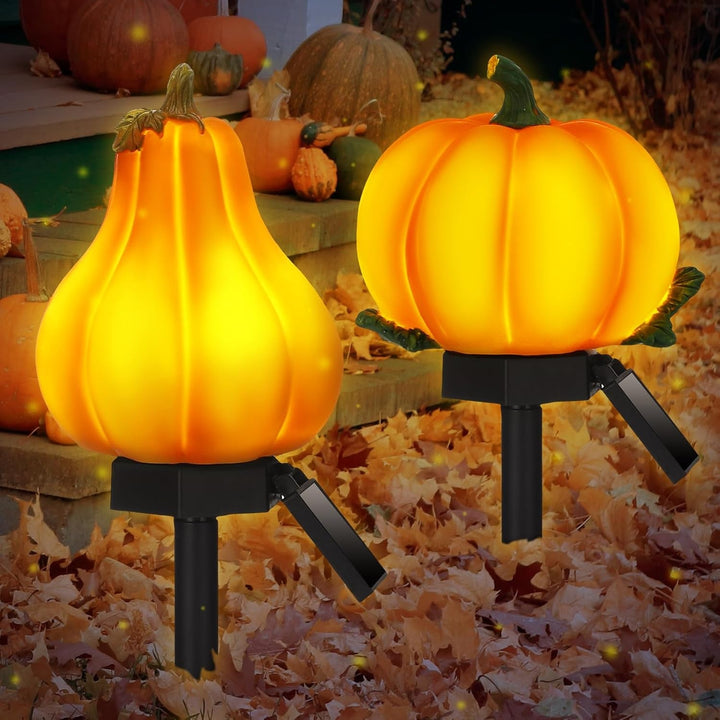 2 Pcs Fall Solar Pumpkin Lights Waterproof Yard Stakes, Orange