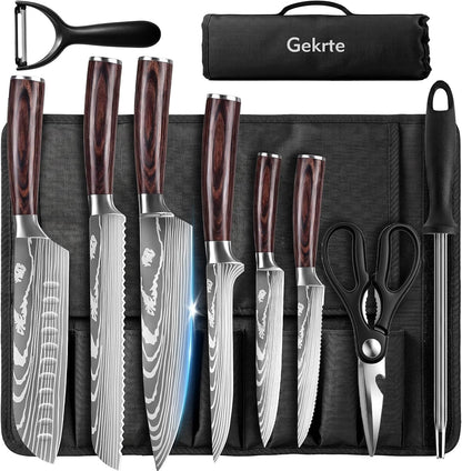 Kitchen Knife Set, 9 Pieces High Carbon Stainless Steel Chef Knife Set | Japanese Kitchen Knives Set with Roll Bag, Ergonomic Handle Dishwasher Safe Knives Set for Kitchen, Camping, Outdoor BBQ1