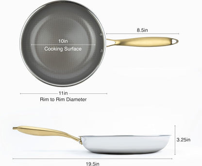 Geoclad Ceramic Hybrid Non-Stick 10" Fry Pan – Stainless Steel Sear Surface, Geometric Pattern, Tri-Ply Clad Body, Pfoa-Free, Coffee Gray/Gold3