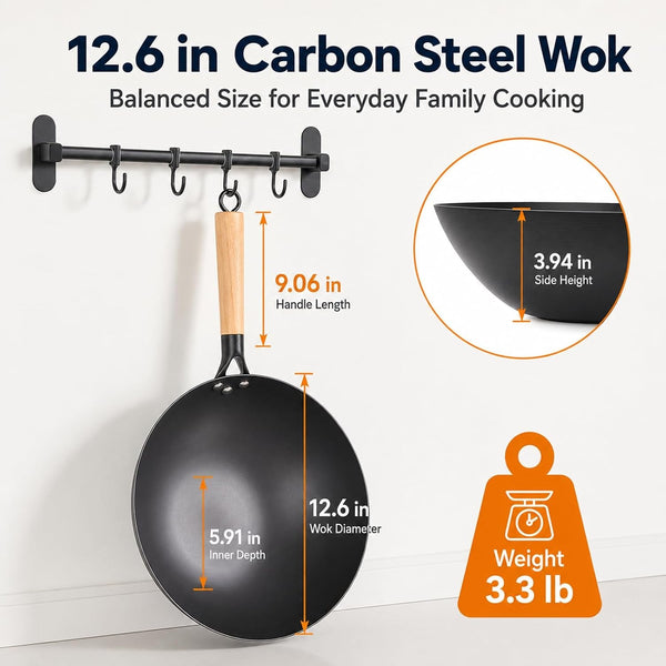 12.6" Carbon Steel Wok Pan, Flat Bottom Stir Fry Wok with Spiral Thread Interior, Coating‑Free Naturally Seasoning Wok, Compatible with Gas, Electric & Induction Cooktops7