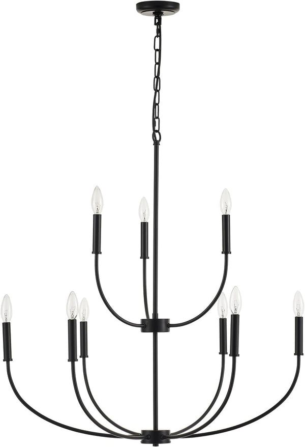 9-Light Black Chandelier for Entryway, Modern Farmhouse Dining Room Light Fixture, Industrial Candle Pendant Light for Foyer Stairway Living Room9