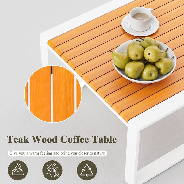 Aluminum Patio Furniture Set, All-Weather Outdoor Couch Sectional, L Shaped Patio Conversation Sets, Metal Corner Sofa with Teak Coffee Table(Cushion: Dark Gray, White Frame)2