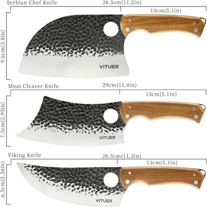 9 PCS Butcher Viking Camping Knife Set, 7" Serbian Chef Knife, 7" Butcher Meat Cleaver, 6.5" Viking Knife, 3 Knife Sheath, Honing Steel, Poultry Shears and Knife Roll Bag (Stylish Horse Pattern)2