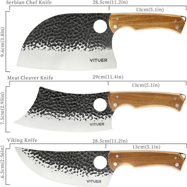 9 PCS Butcher Viking Camping Knife Set, 7" Serbian Chef Knife, 7" Butcher Meat Cleaver, 6.5" Viking Knife, 3 Knife Sheath, Honing Steel, Poultry Shears and Knife Roll Bag (Stylish Horse Pattern)2