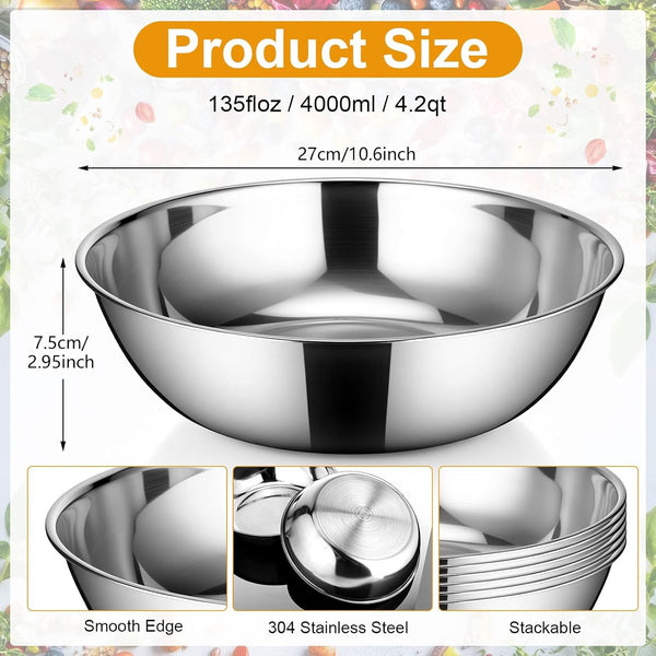 6 Pcs 4.2 Quart Stainless Steel Mixing Bowls Salad Bowls Metal Serving Reusable Baking Food Storage Containers for Baking Cooking Salads Soups Ice Cream Noodles2
