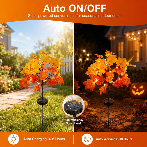 Fall Decor Solar Garden Lights, 2 Pack Maple Leaf Path Lights with 8 Lighting Modes, 40LED Maple Trees Stake Lights, Pathway Lights for Autumn Patio Halloween Thanksgiving Decorations (Orange - Leaf)4