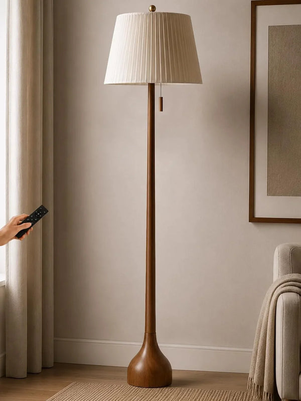 Mid Century Modern Real Wood Floor Lamp with Remote, 2 Shades | 65" Tall, Sculptural Teardrop Base, Foot Switch, Stepless Dimming, 3 Color Temperatures, 1H Timer, Bulb Included1