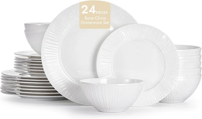24Pc Textured White Bone China Set Service for 81