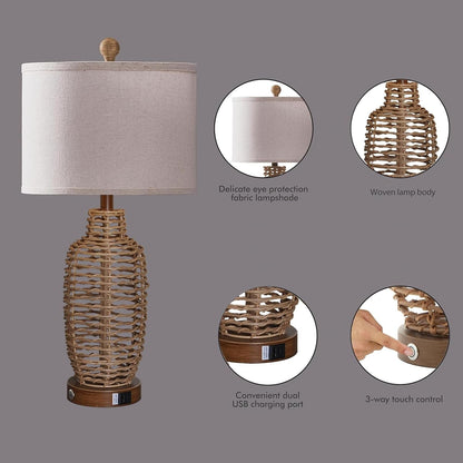 Rattan Table Lamps Set of 2 Wicker Lamps 3 Way Dimmable Touch Control Farmhouse Rustic Coastal Lamps with USB Port for Bedroom Living Room Office (LED Bulbs Included)6