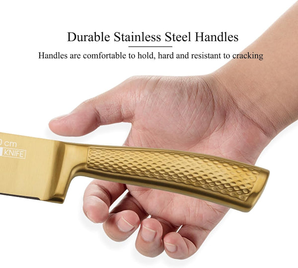 8Pcs Luxury Gold Kitchen Knife Set with Wooden Block,Elegant Gifts | High Carbon Stainless Steel Titanium Coated Chef Knives with Sharpener,Disherwash Safe,Housewarming Gift for Kitchen Decor3