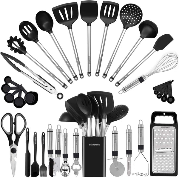 Kitchen Utensil Set-Silicone Cooking Utensils-33 Kitchen Gadgets & Spoons for Nonstick Cookware-Silicone and Stainless Steel Spatula Set-Best Kitchen Tools, Useful Pots and Pans Accessories1